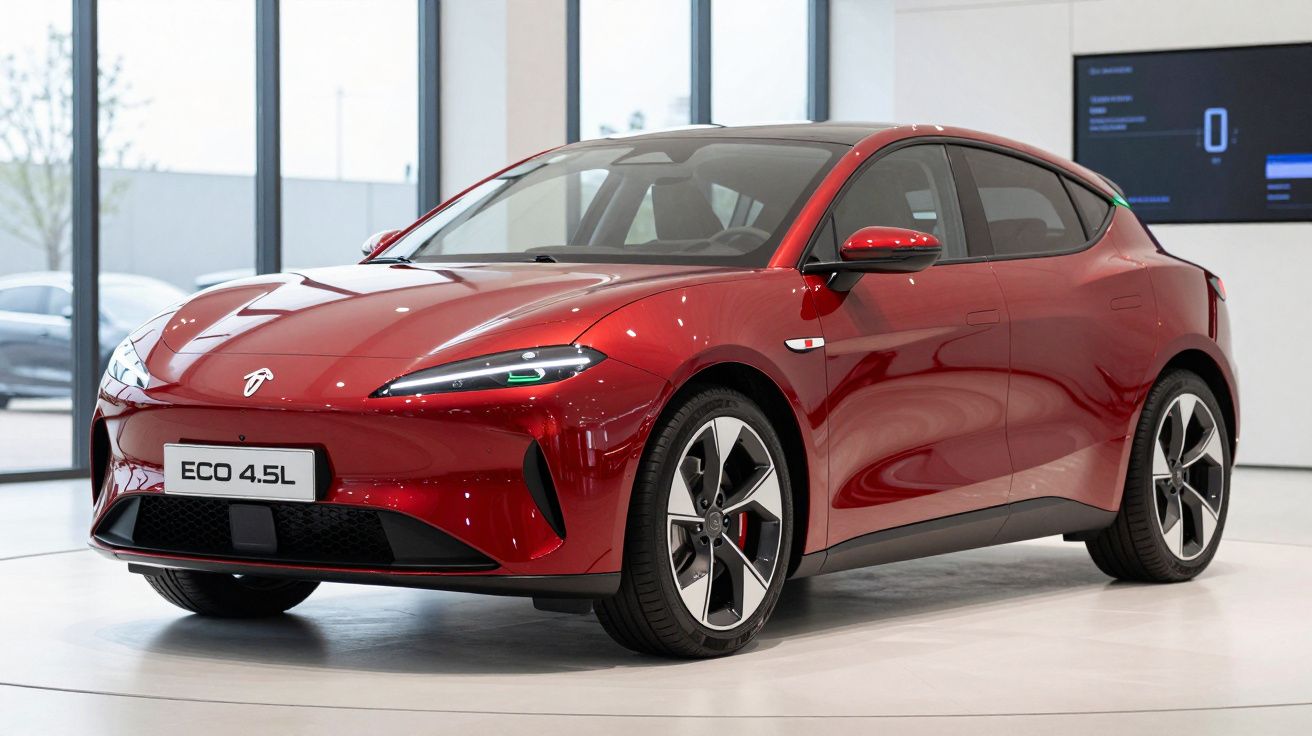 Carro elétrico vermelho modelo ECO 4.5L estacionado em showroom moderno com piso branco.