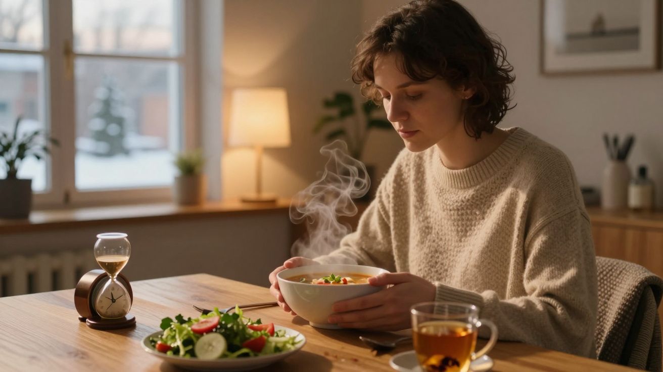 Mulher jovem sentada à mesa segurando uma tigela de sopa quente em ambiente aconchegante.