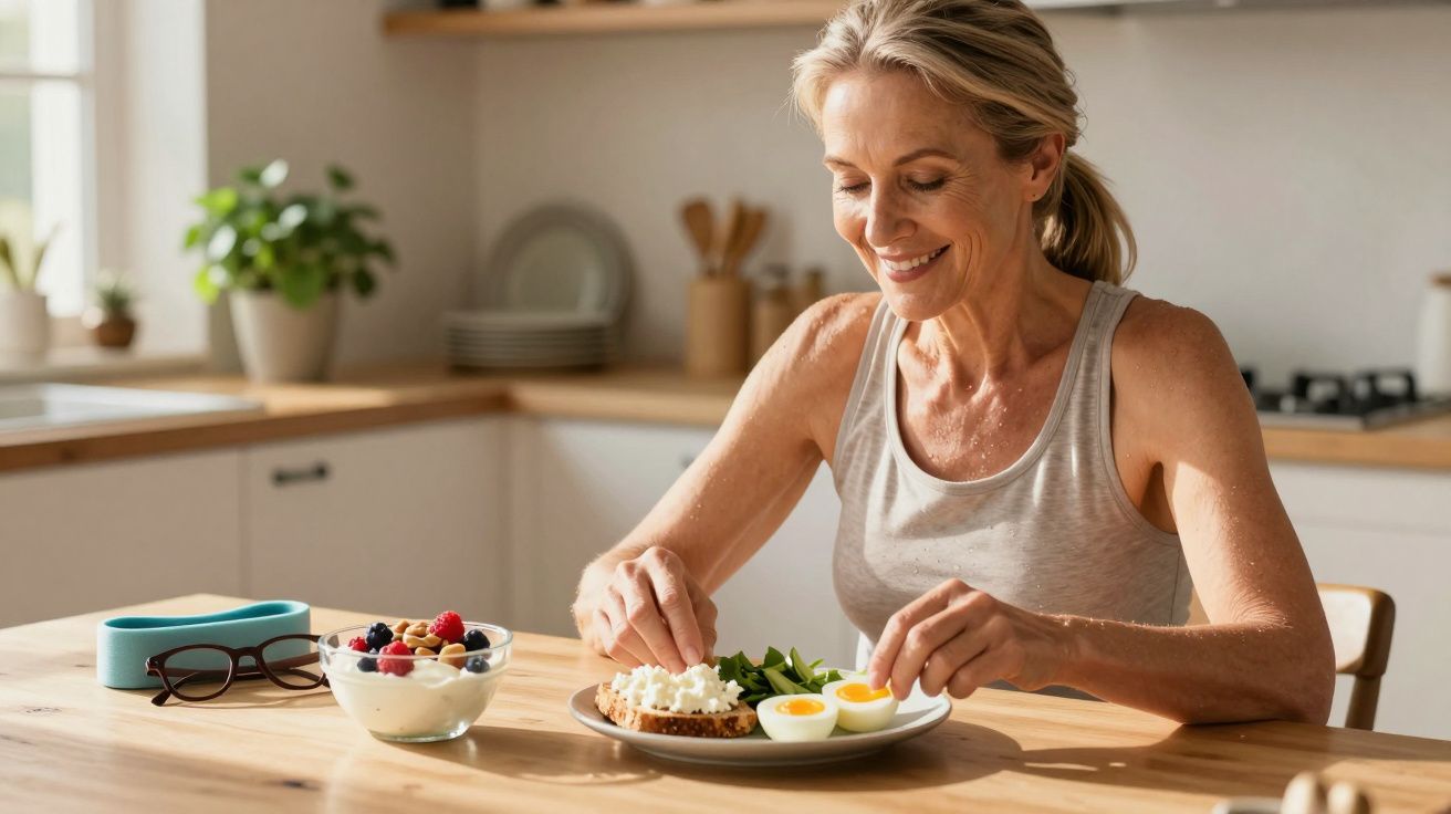 Mulher sorridente preparando café da manhã saudável com ovos, pão e frutas na cozinha iluminada.