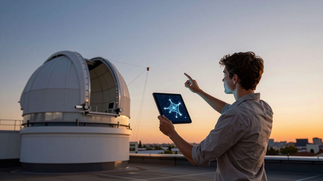 Jovem usando tablet com constelação digital aponta para observatório astronômico ao pôr do sol.