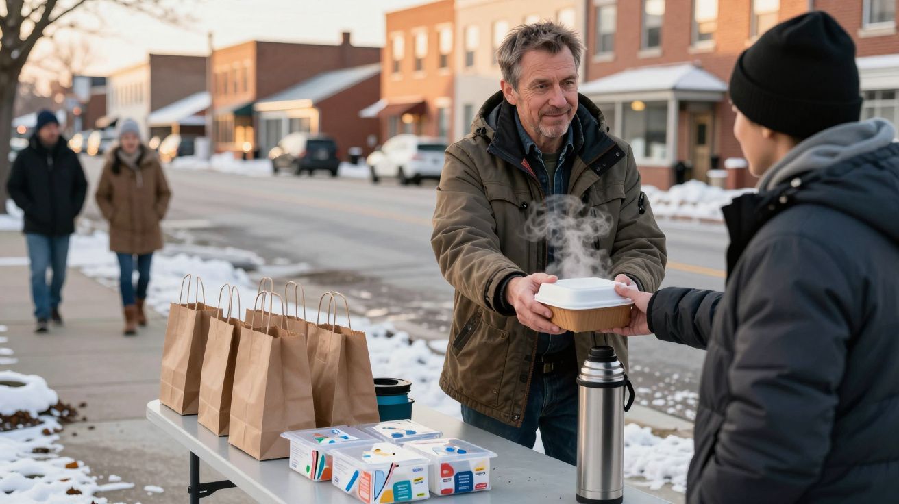 Homem vestindo casaco entrega comida quente em embalagem para outra pessoa em mesa na rua com sacolas e caixas.