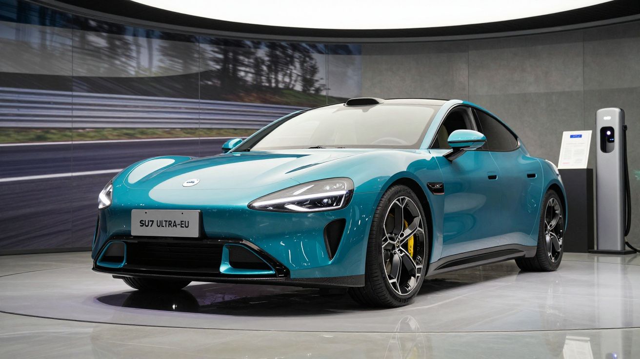 Carro elétrico azul modelo SU7 Ultra-EU exposto em ambiente interno com estação de recarga ao fundo.