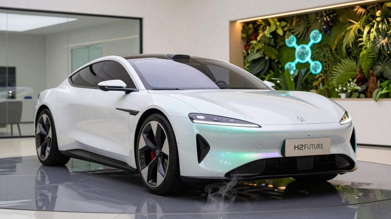 Carro elétrico branco H2 Future exibido em ambiente moderno com parede de plantas ao fundo.