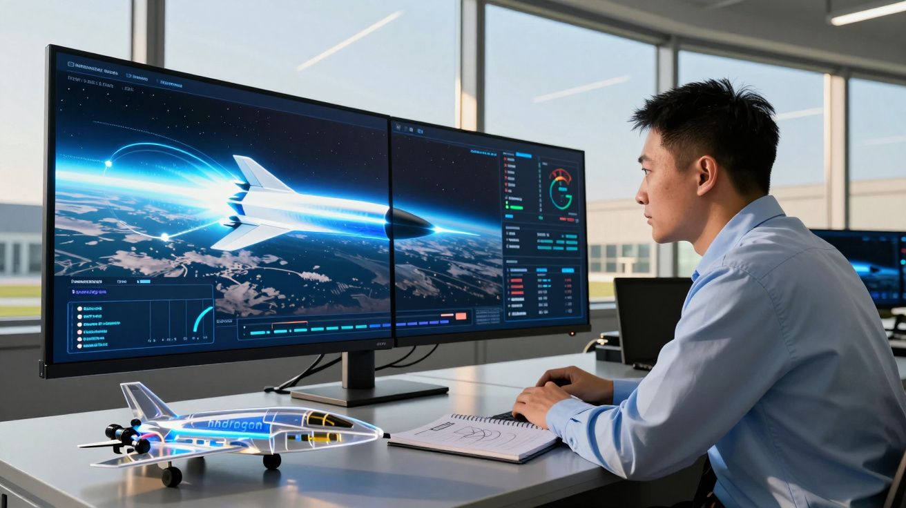 Homem analisando dados de um jato em dois monitores, com modelo de aeronave transparente sobre mesa.