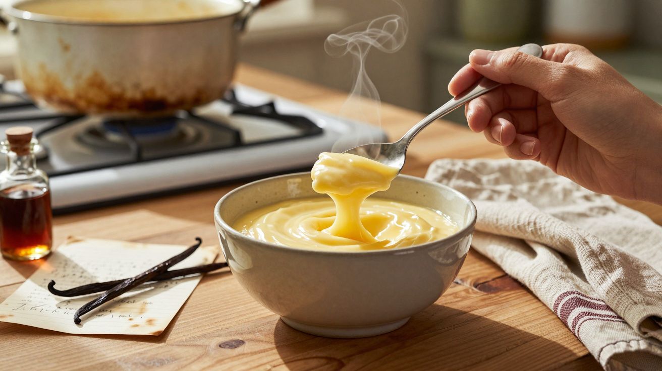 Tigela com mingau cremoso quente sendo mexido com colher, ao lado, ingredientes e pano de prato sobre mesa de madeira.