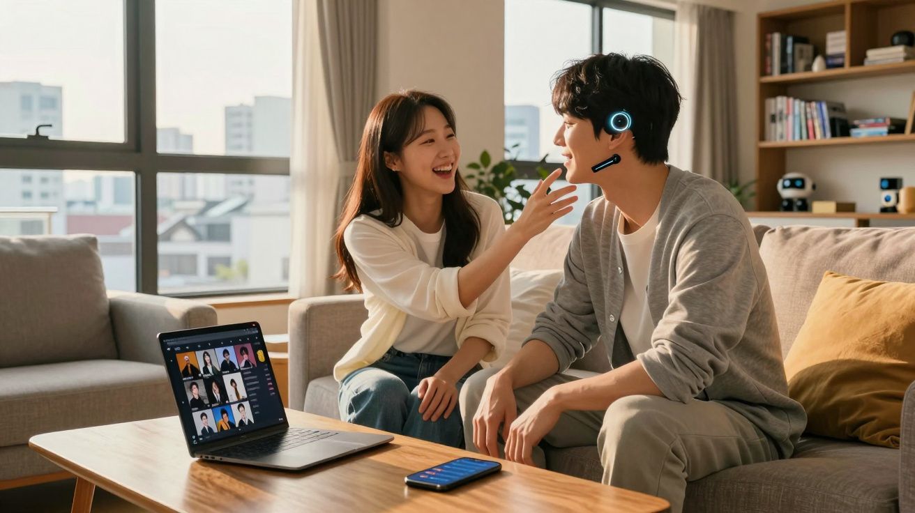 Casal sentado no sofá conversando, com laptop e celular sobre a mesa na sala iluminada.