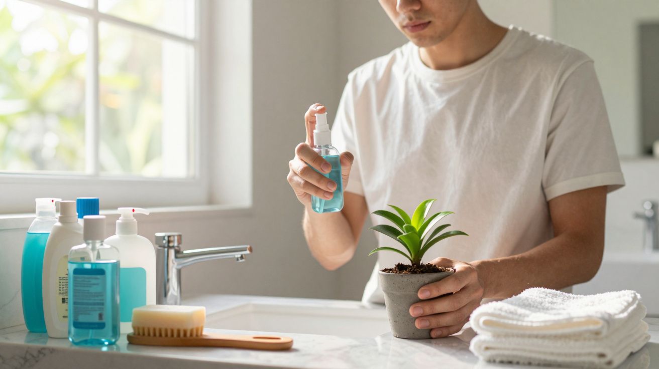 Homem borrifando água em planta dentro de vaso em bancada de banheiro com toalhas e produtos ao redor.