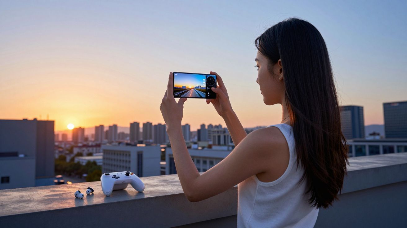 Mulher tirando foto do pôr do sol na cobertura de um prédio com controles e fones ao lado.