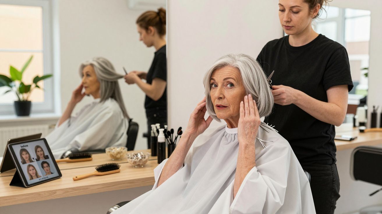 Idosa com cabelos grisalhos sentada em salão de beleza fazendo corte com cabeleireira.