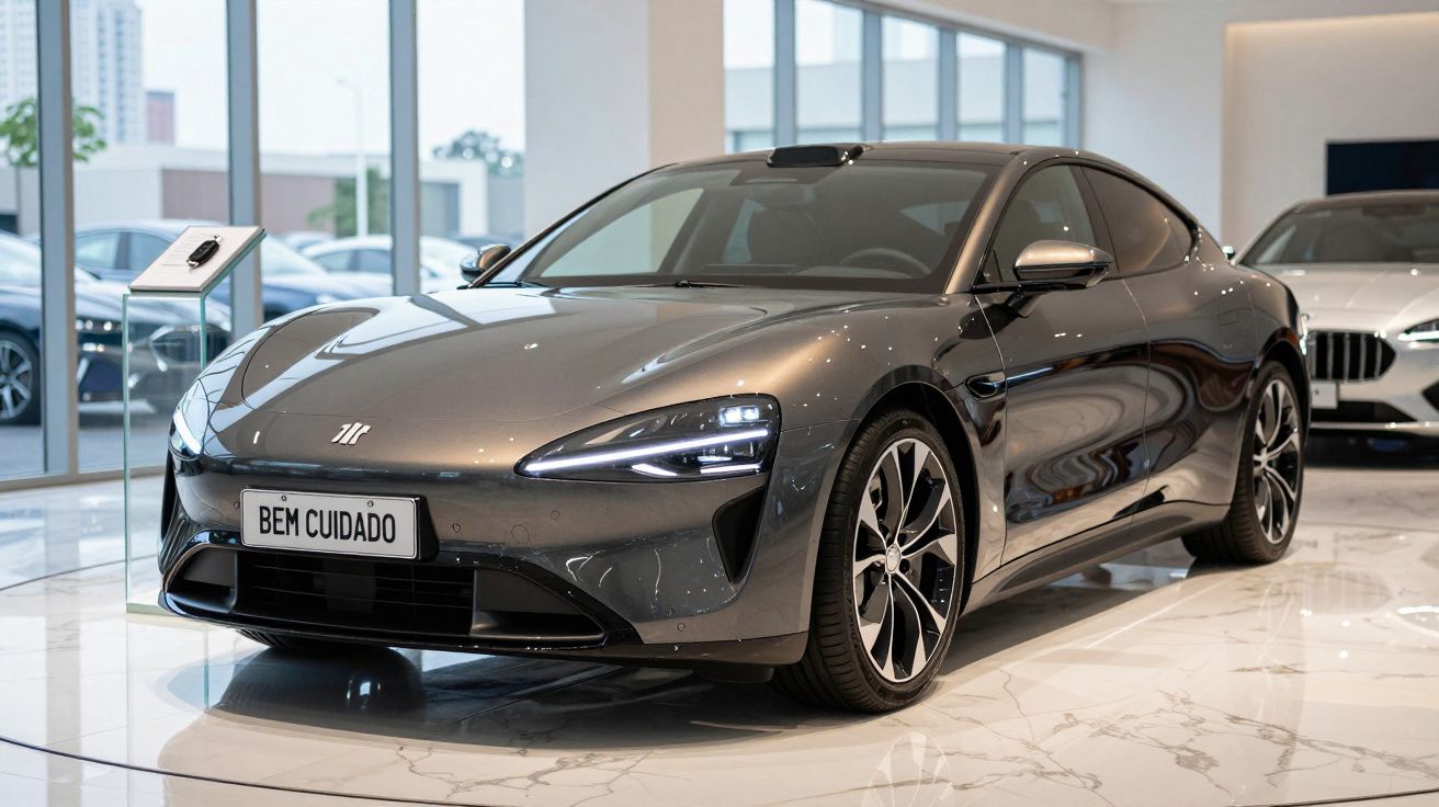 Carro esportivo cinza metálico em exibição dentro de showroom moderno com placa personalizada "BEM CUIDADO".