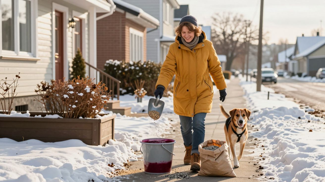 Mulher com casaco amarelo espalhando cascalho no caminho ao lado de cachorro em bairro nevado.