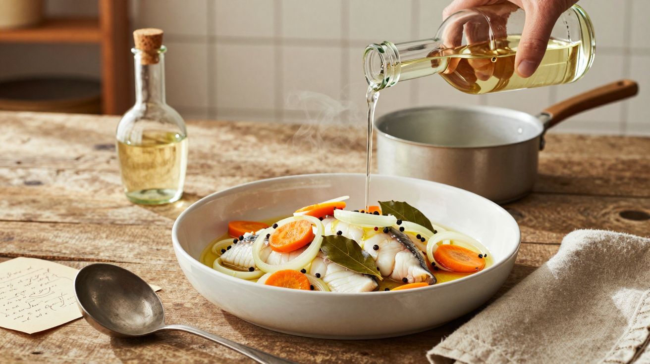 Mão despejando azeite em prato com peixe, cenoura, cebola e folhas de louro sobre mesa rústica de madeira.