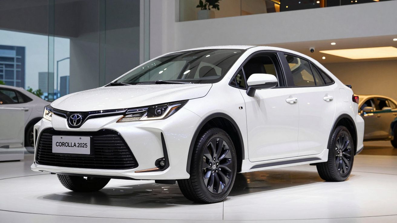 Carro sedan branco Toyota Corolla 2025 em exposição interna, com rodas pretas e faróis modernos.