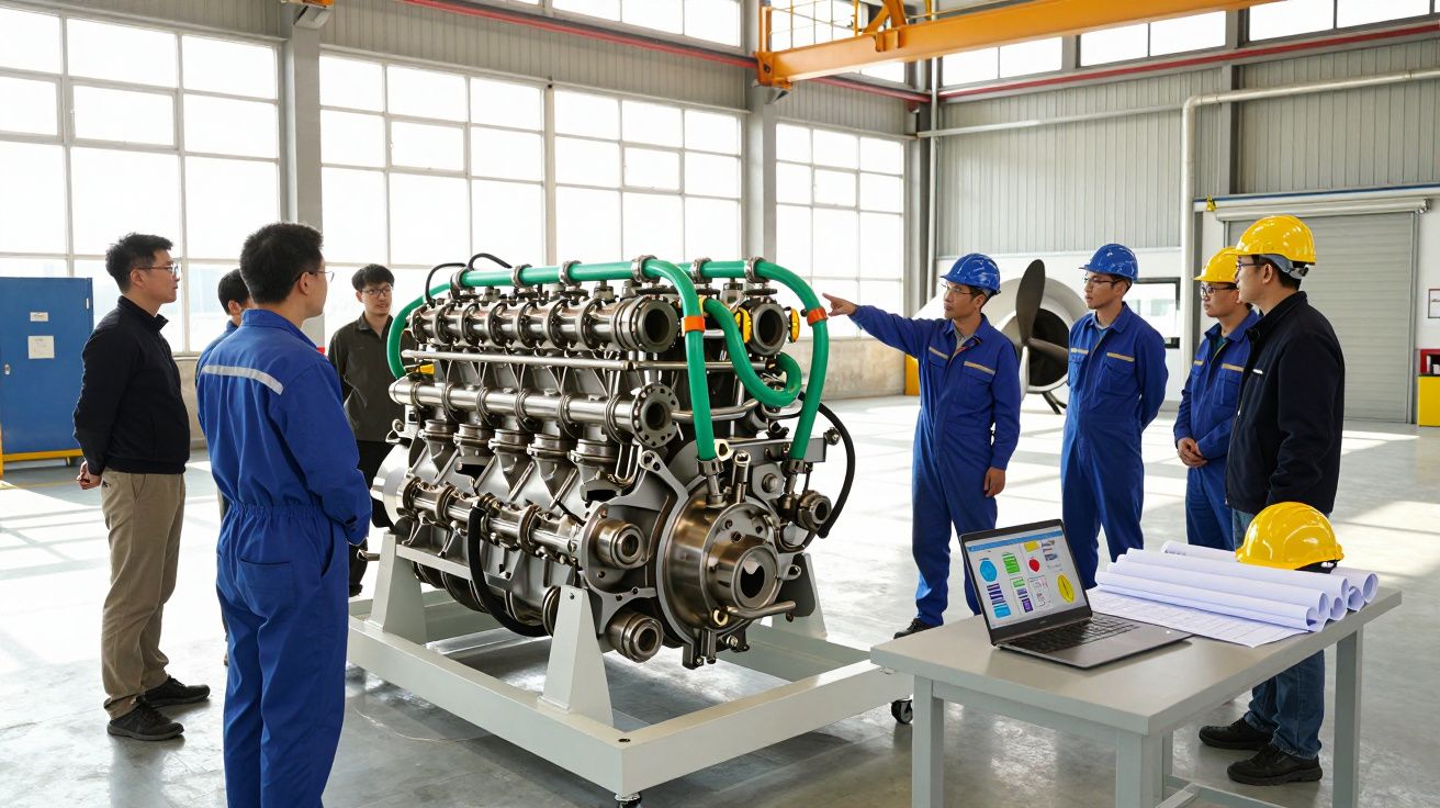 Engenheiros em macacões azuis inspecionam grande motor industrial em oficina moderna bem iluminada.