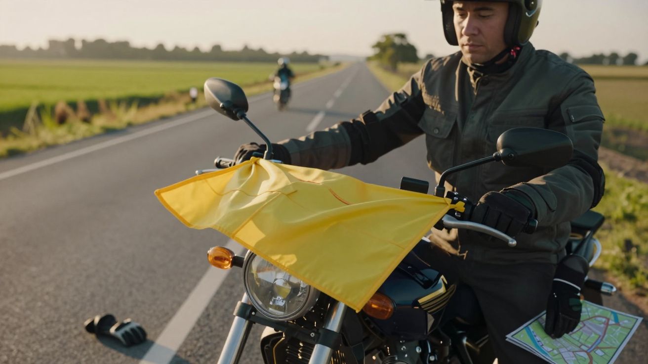 Motociclista com capacete segurando bandeira amarela na moto, com mapa na mão e luva caída na estrada.
