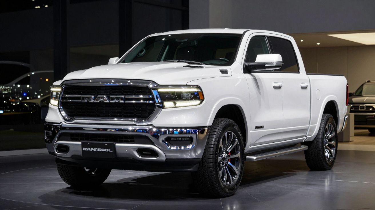 Picape branca RAM 1500 L estacionada em showroom com iluminação noturna.