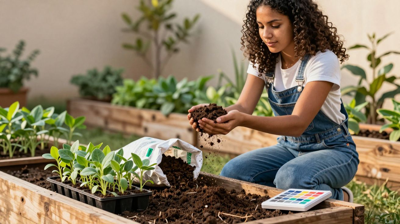 Mulher jovem regando o solo de canteiro de madeira com mudas e terra.