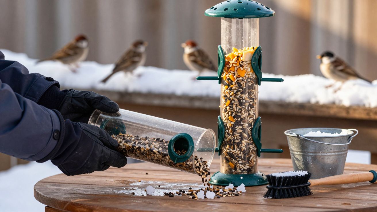 Pessoa de luvas colocando sementes em alimentador para pássaros na mesa com pássaros ao fundo e neve.