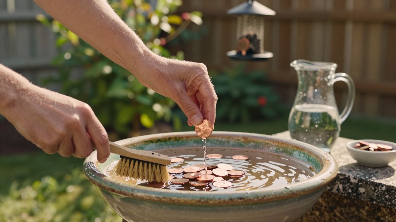 Mãos limpando moedas de cobre em uma bacia com escova, jarra de água ao fundo em jardim.
