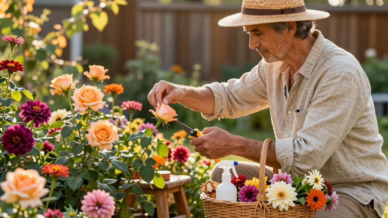 Homem com chapéu colhendo flores em jardim colorido com cesta cheia de flores e regador.