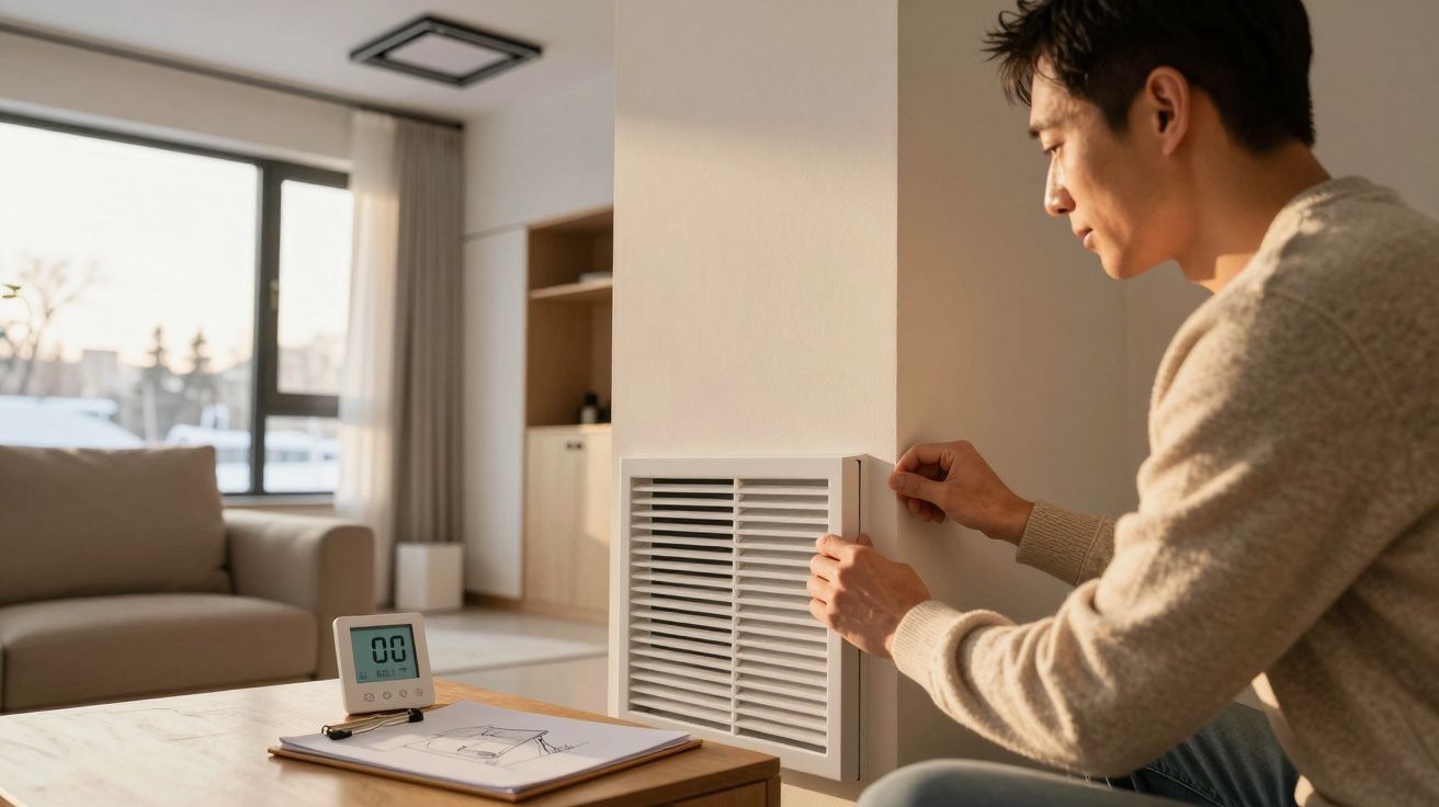 Homem ajusta ventilação de ar em sala iluminada com sofá e tablet sobre mesa de madeira.