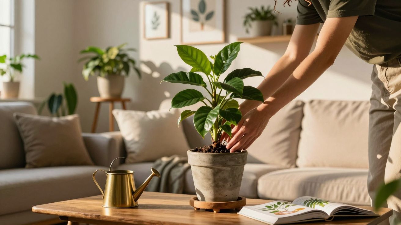 Pessoa cuidando de planta em vaso sobre mesa de madeira em sala iluminada com sofá e livros.
