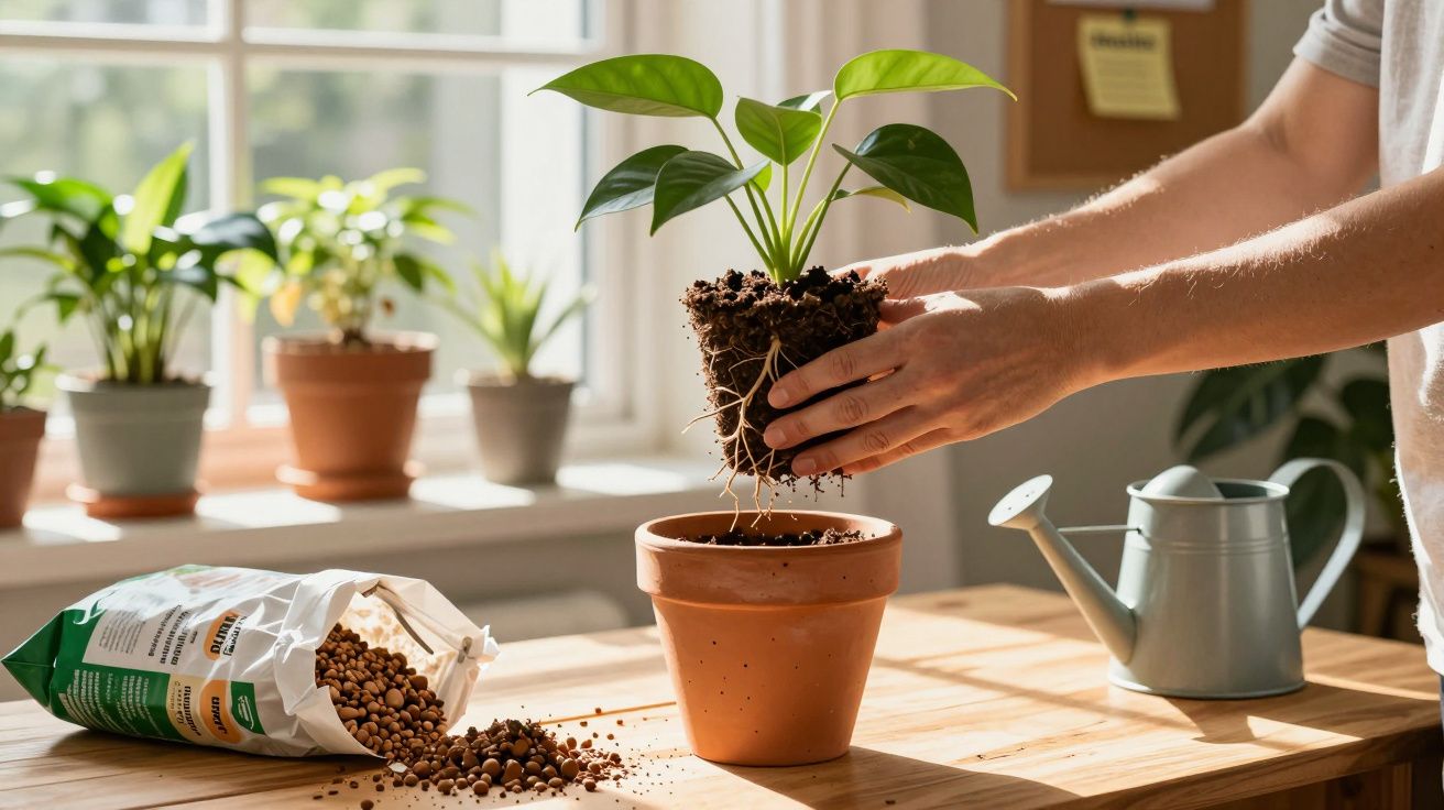 Pessoa transplantando muda verde em vaso de cerâmica sobre mesa com regador e saco de argila expandida.