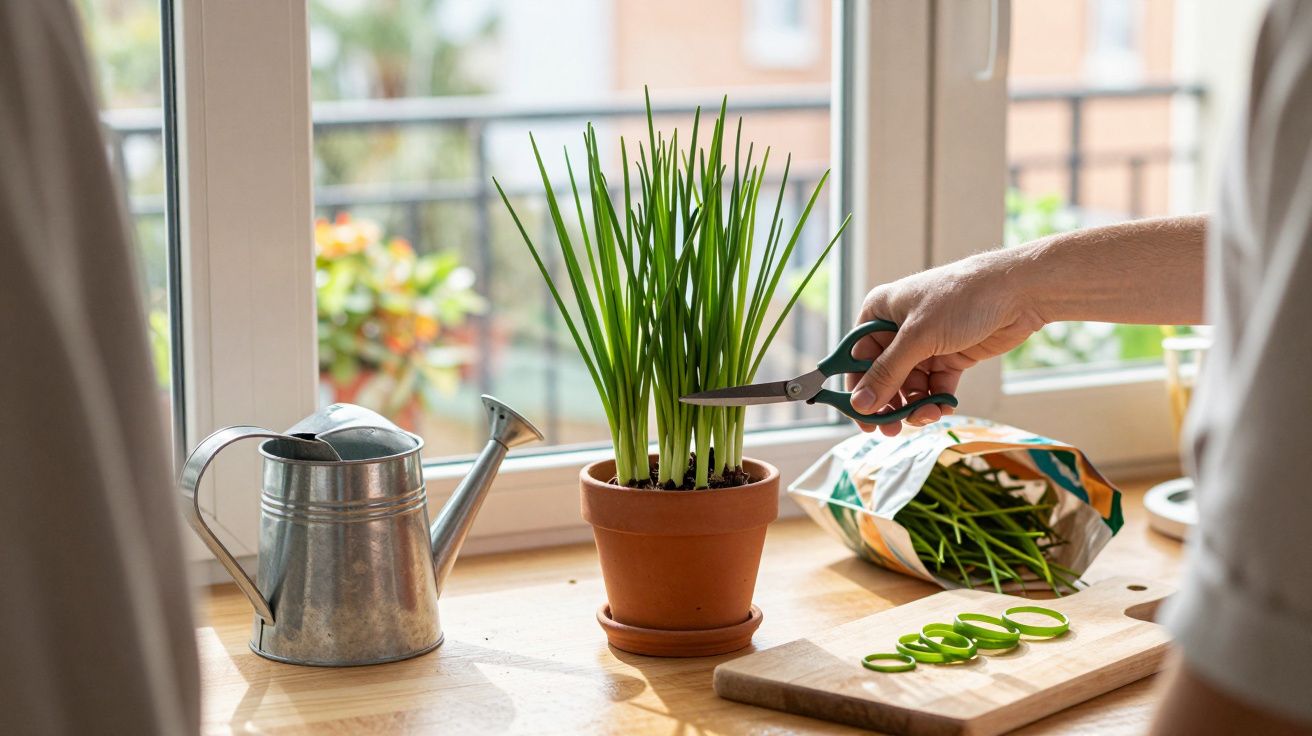 Pessoa cortando cebolinhas em vaso de barro próximo a regador sobre bancada de madeira junto à janela.