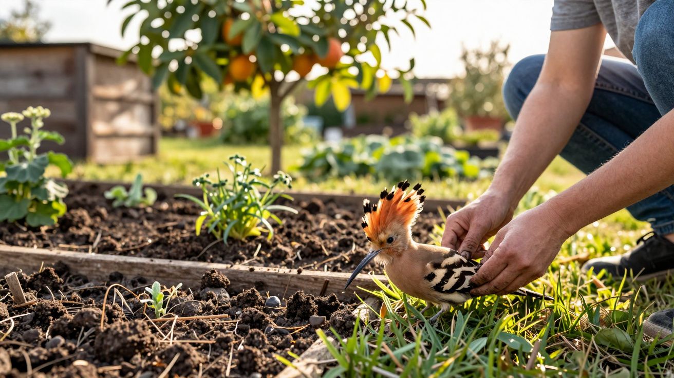 Pessoa soltando uma ave colorida com crista alaranjada em um jardim com canteiros de plantas.