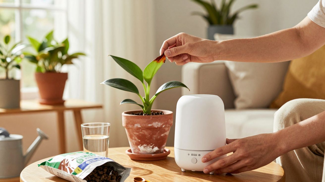Pessoa removendo folha amarela de planta em vaso na mesa com umidificador, copo d'água e saco de fertilizante.