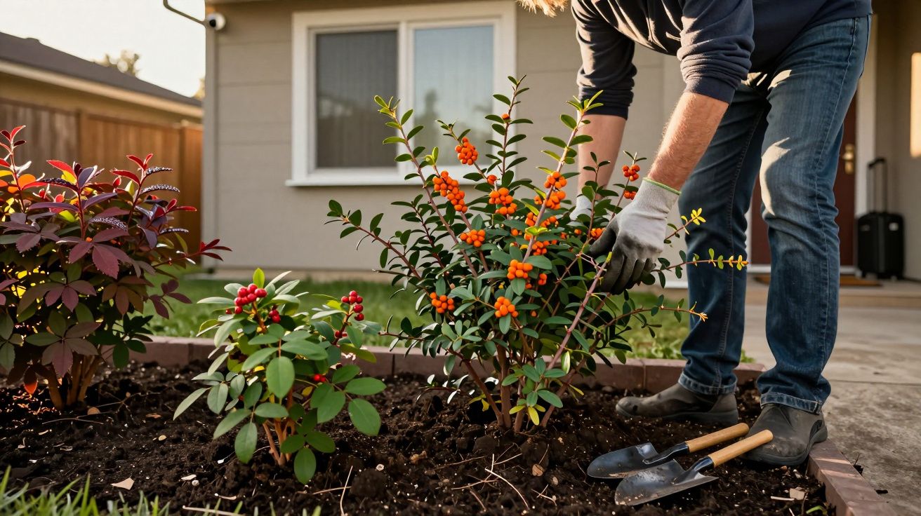 Pessoa cuidando de arbustos com frutos vermelhos e laranja em um jardim residencial ensolarado.