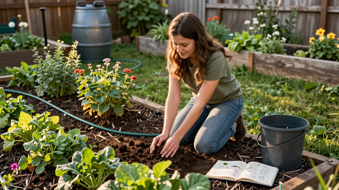 Mulher plantando em canteiro de jardim com livro e regador ao lado em dia ensolarado.