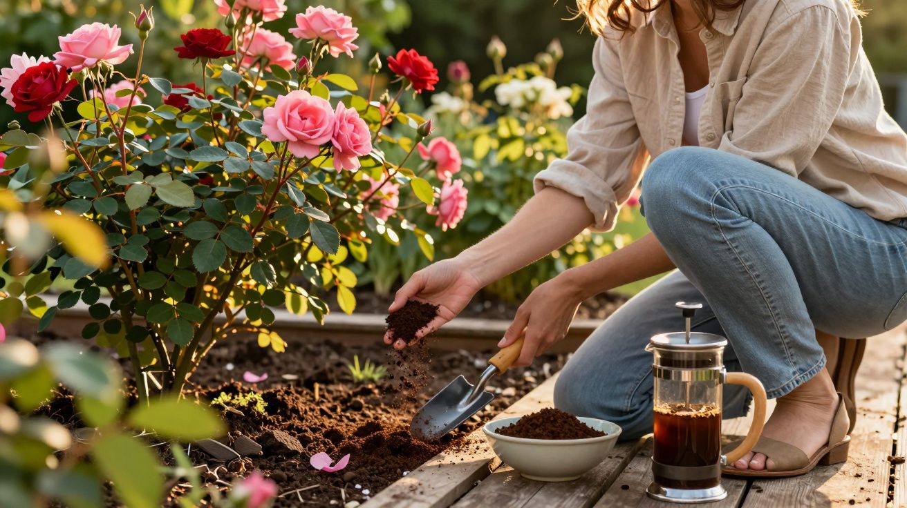 Pessoa cuidando do solo ao lado de rosas vermelhas e rosas em um jardim ensolarado.