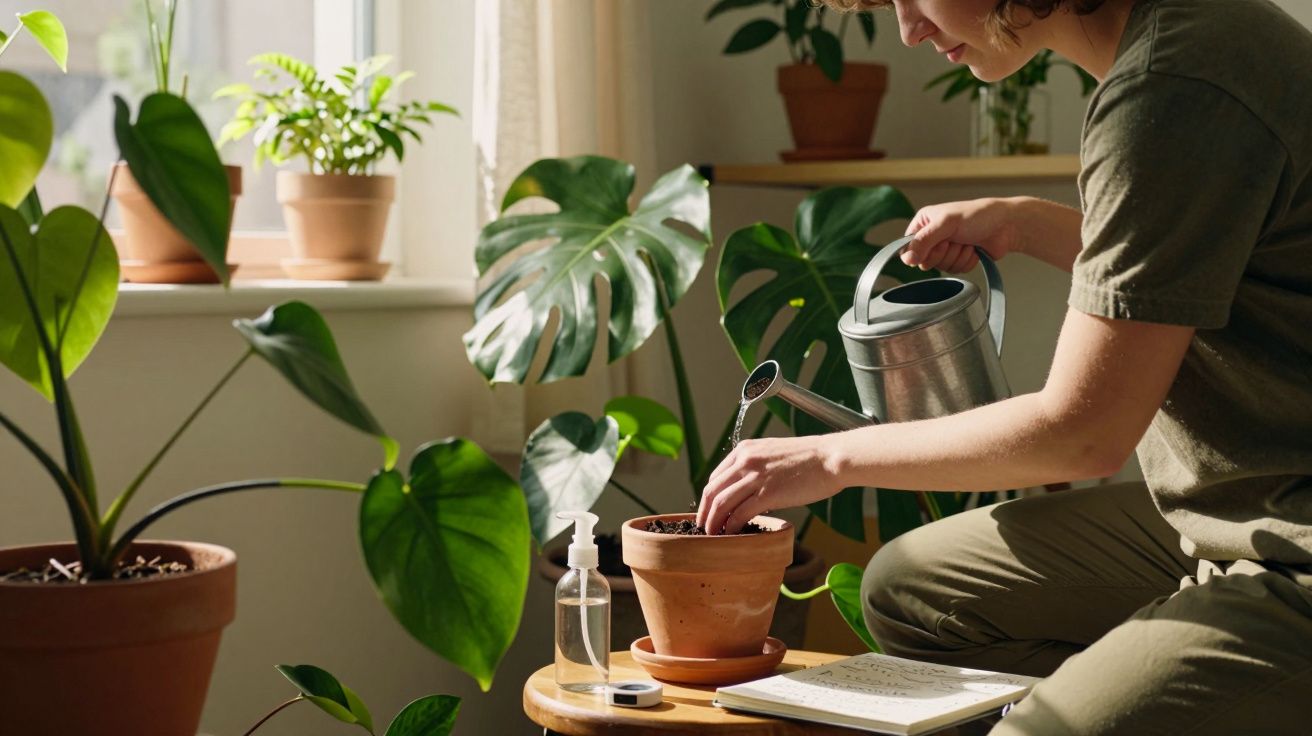 Pessoa regando planta em vaso de cerâmica dentro de casa com várias plantas ao redor e luz natural.