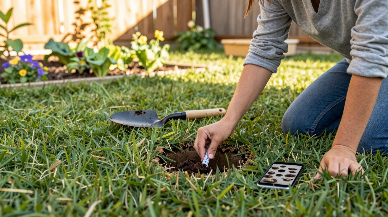 Pessoa plantando sementes no gramado perto de uma pá e um envelope de sementes.