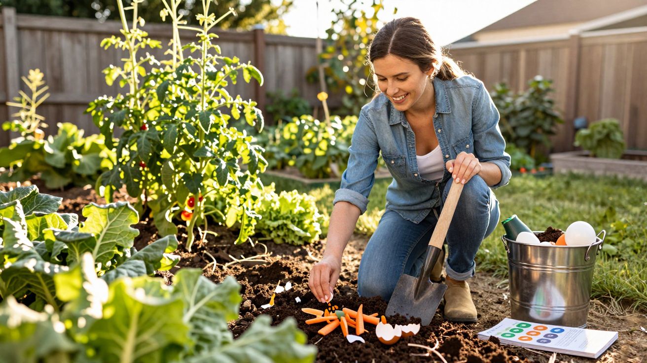 Mulher plantando mudas em jardim com plantações ao redor, usando pá e sorrindo.