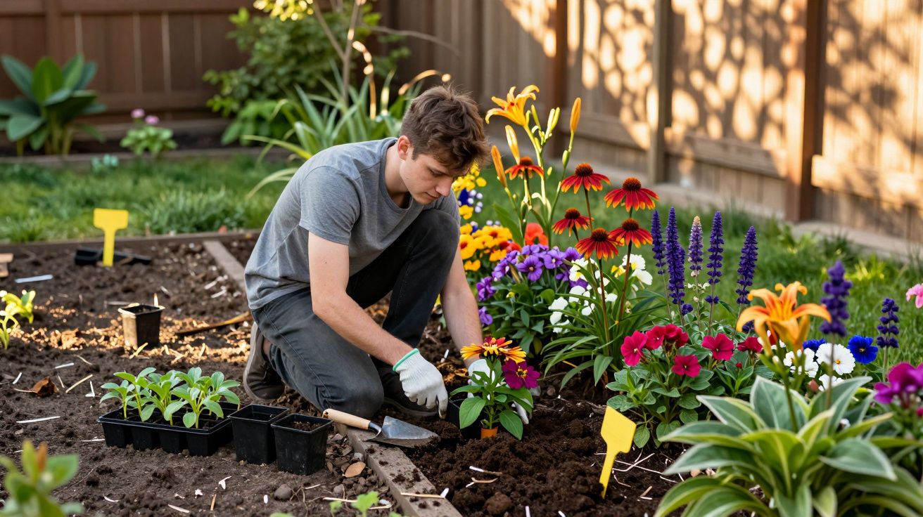 Jovem plantando flores coloridas em canteiro de jardim em área externa com luvas e pá pequena.