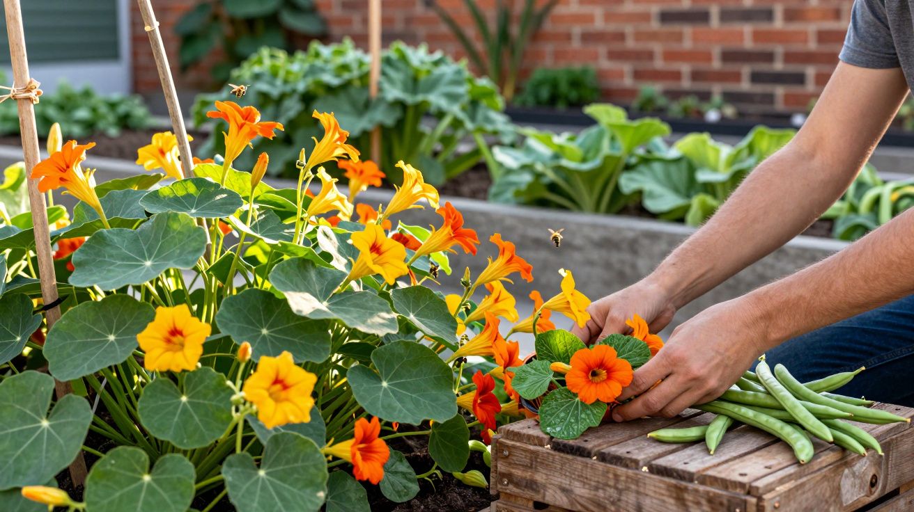 Mãos colhendo flores laranja e amarelas em jardim, com vagem verde e abelhas voando próximo.