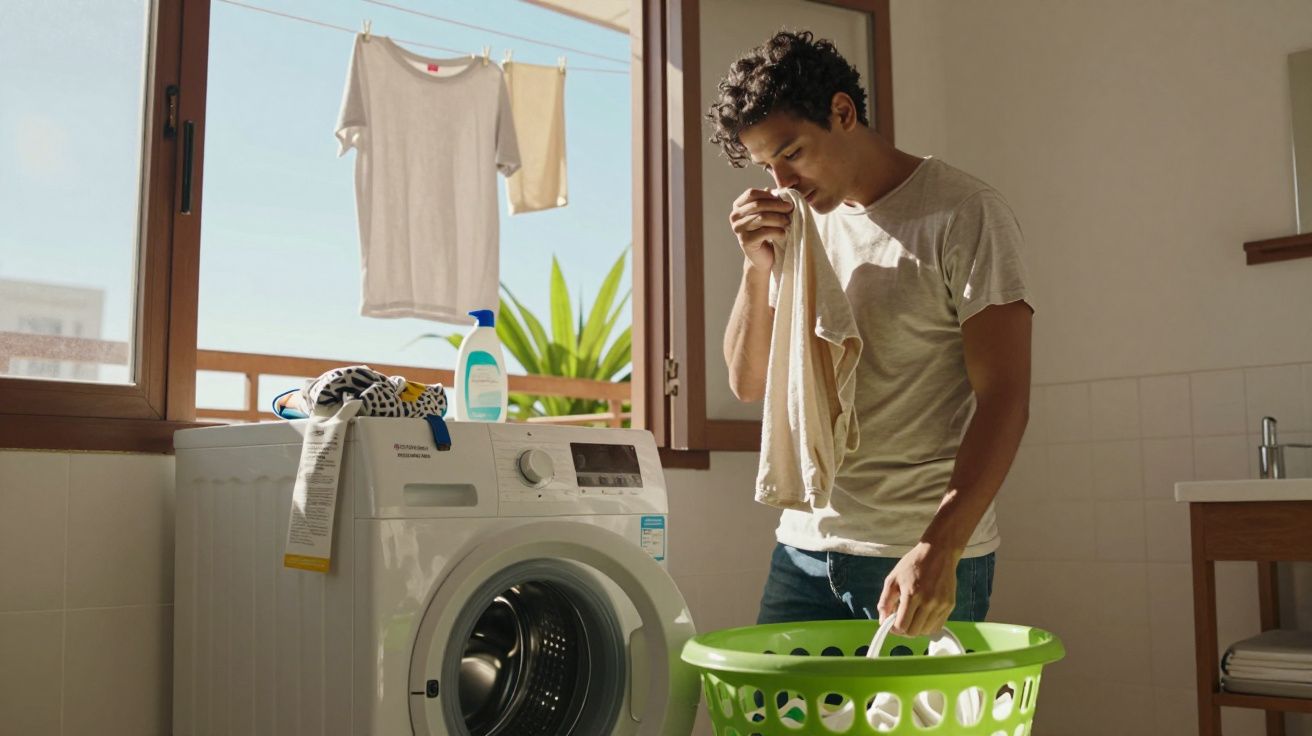 Homem segurando cesta de roupas cheirando camisa perto de máquina de lavar em lavanderia iluminada.