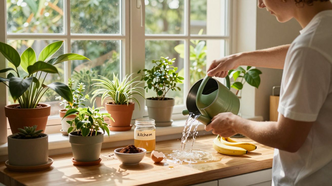 Pessoa derramando água de regador verde em bancada de cozinha com plantas e frutas ao lado.