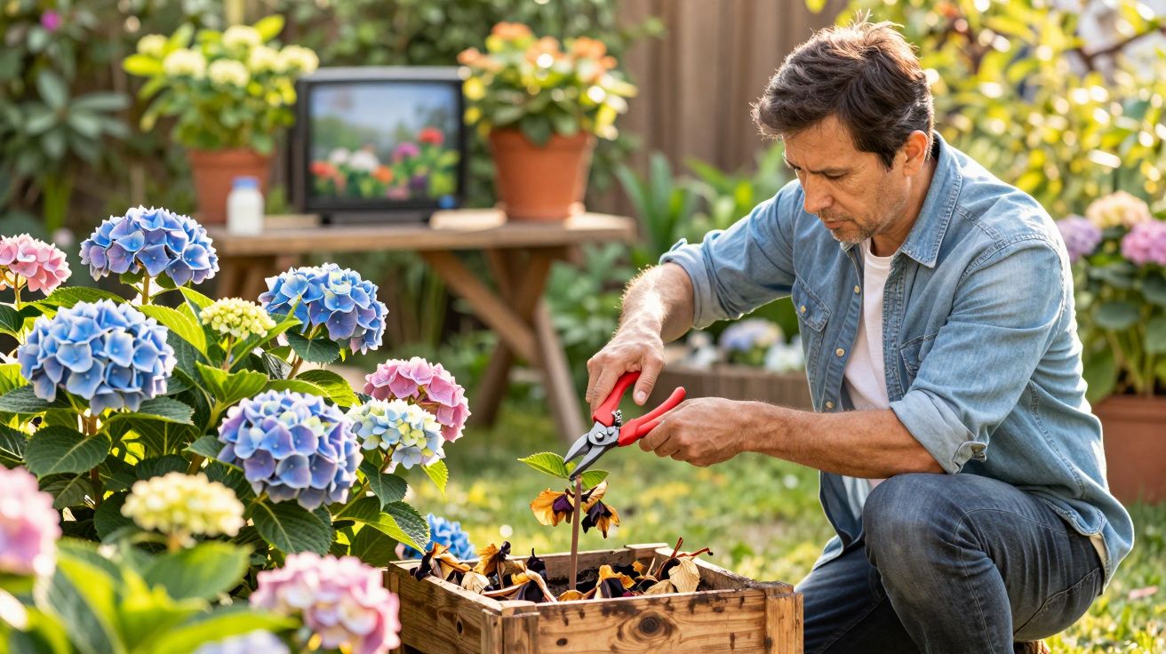 Homem cuidando do jardim, removendo flores murchas de planta em caixa de madeira.