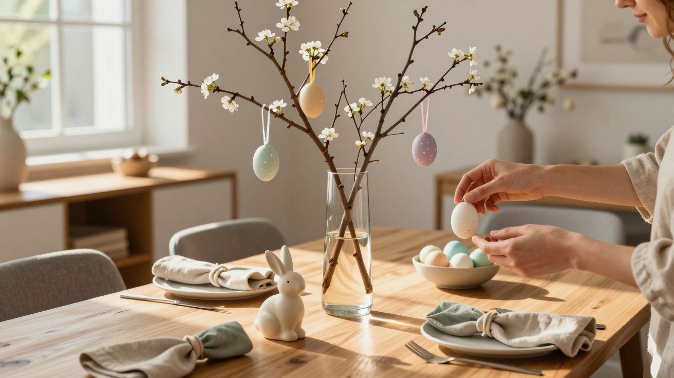 Mesa decorada para Páscoa com ramos floridos, ovos coloridos pendurados e coelho de cerâmica branco.