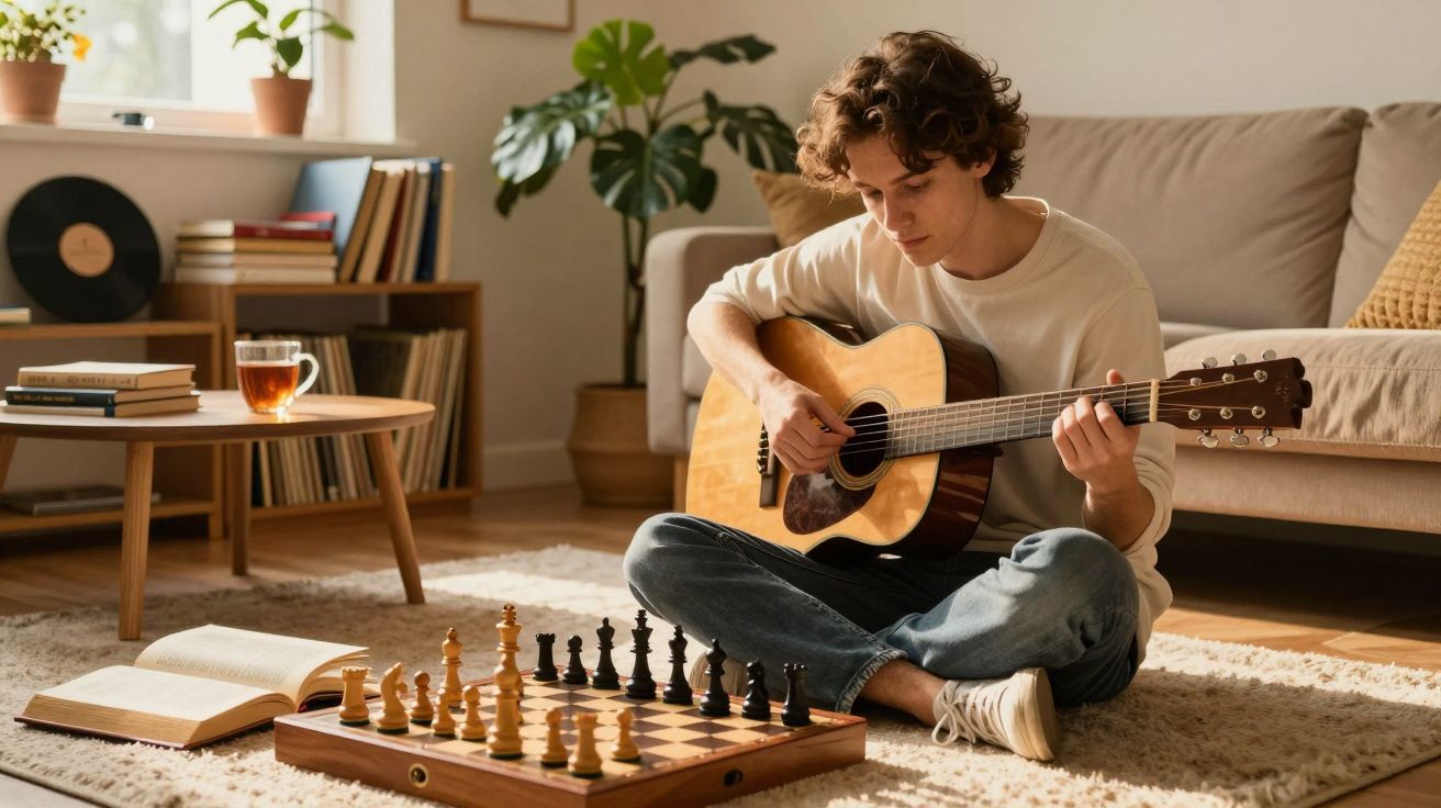 Jovem sentado no chão toca violão com tabuleiro de xadrez e livros ao lado, em sala iluminada e aconchegante.