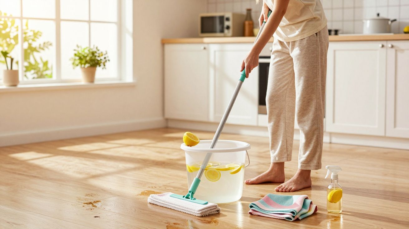 Pessoa limpando chão de madeira com esfregão e balde com água e limões em cozinha iluminada por janela.