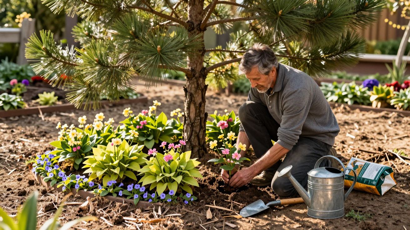 Homem plantando flores coloridas perto de árvore em jardim ensolarado com regador e enxada.