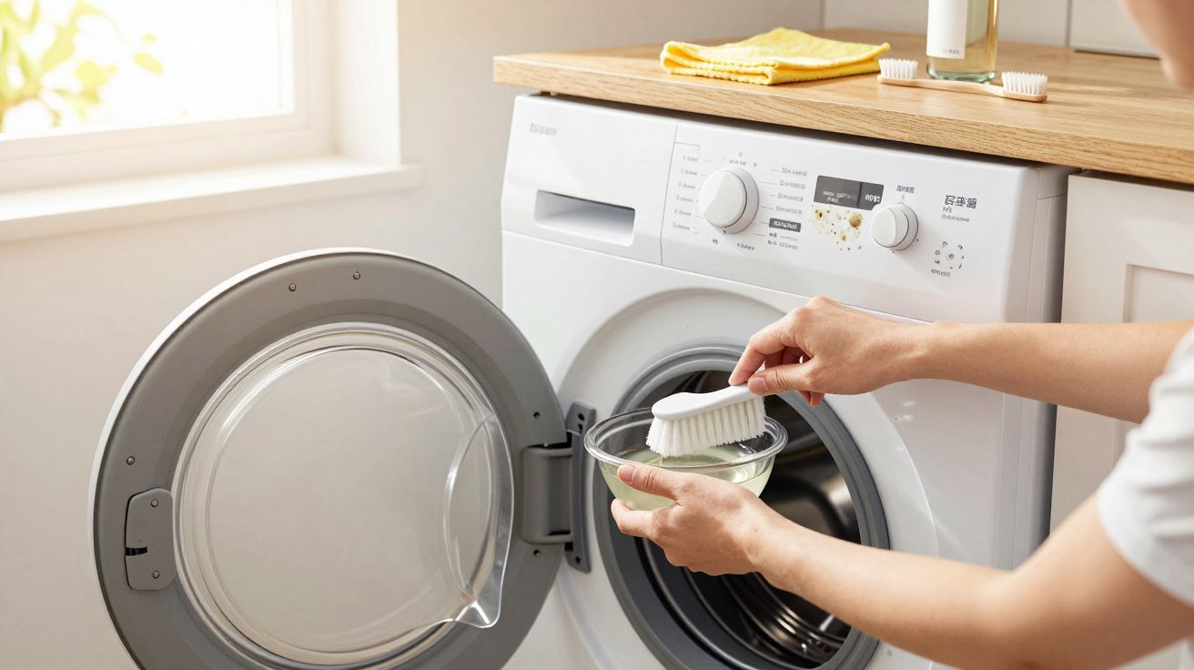 Pessoa limpando a porta da máquina de lavar roupa com escova e recipiente com água.