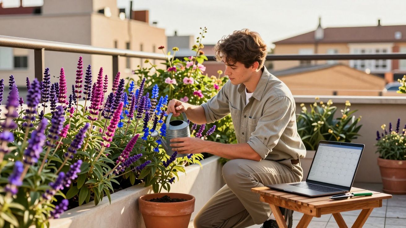 Jovem regando flores roxas em varanda enquanto trabalha com laptop em mesa de madeira.