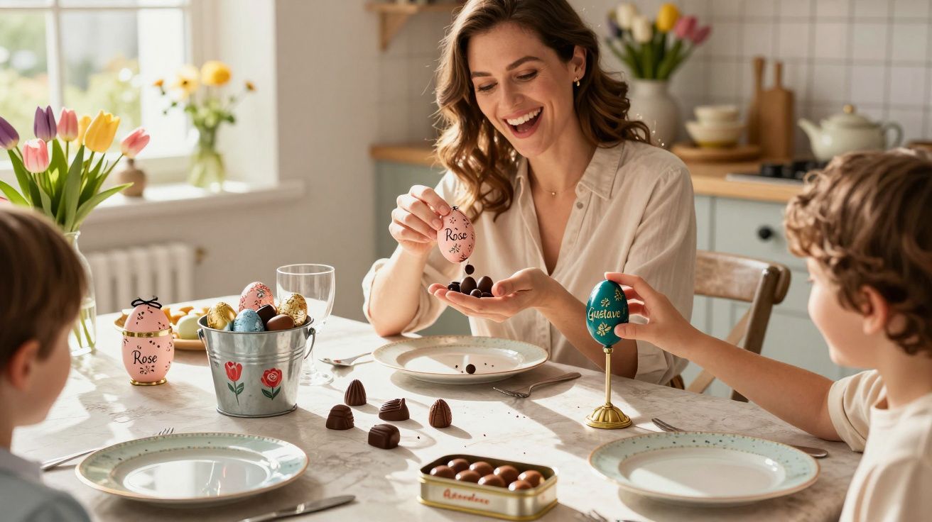 Mulher e duas crianças sentados à mesa com ovos de Páscoa decorados e chocolates em um ambiente iluminado.