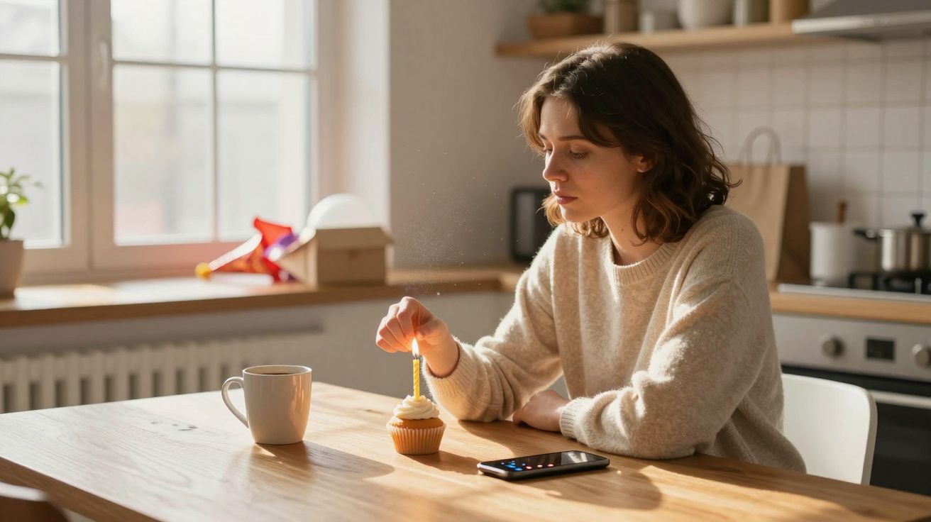 Mulher sentada à mesa, acendendo vela em cupcake, com celular e caneca na cozinha iluminada pelo sol.