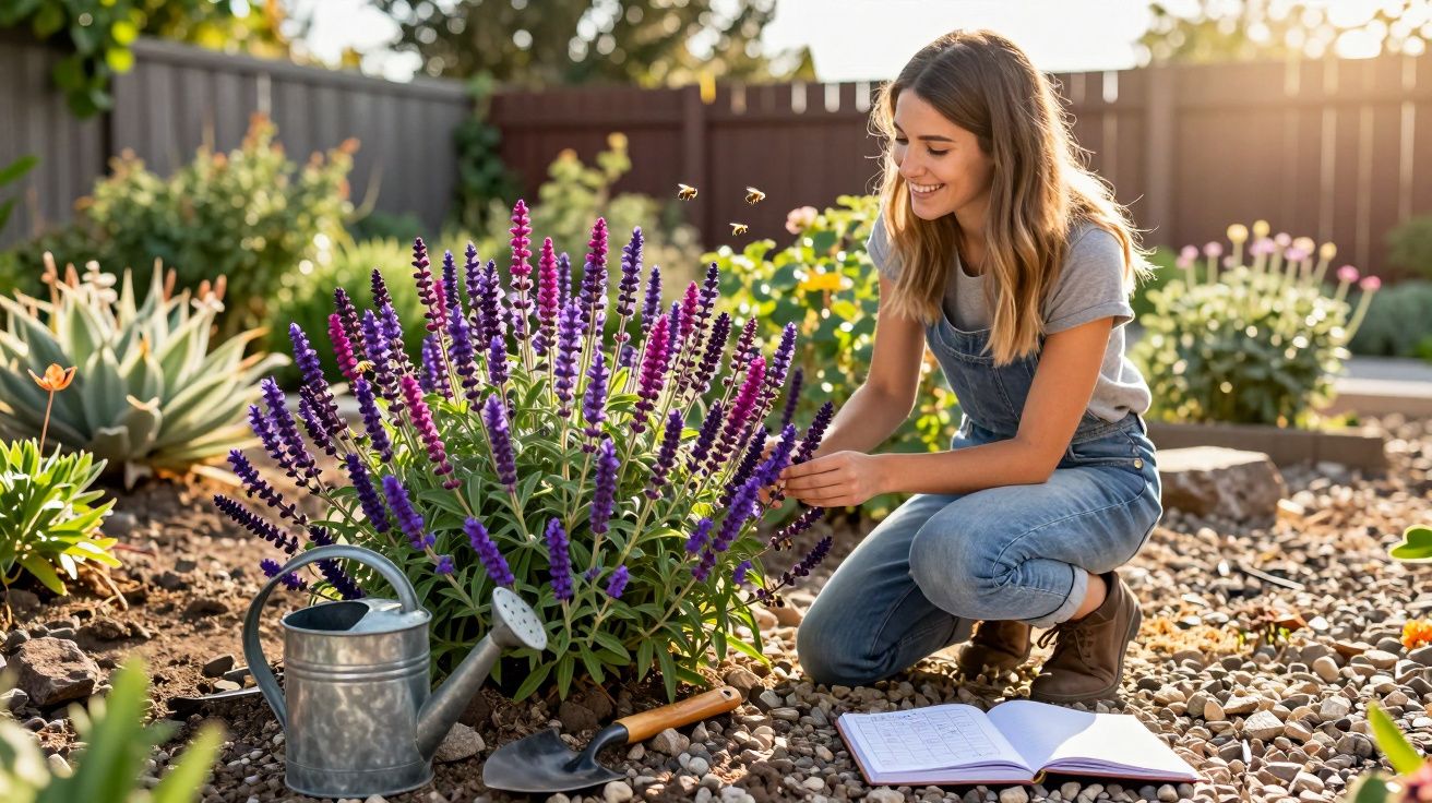 Jovem cuidando de flores roxas em jardim com regador, pá e caderno ao lado em dia ensolarado.